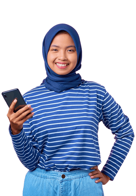 A girl with a phone wearing a blue shirt